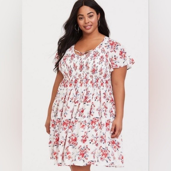 Torrid Boho Prairie Ivory & Red Floral Smocked Challis Skater Mini Dress - Picture 1 of 12
